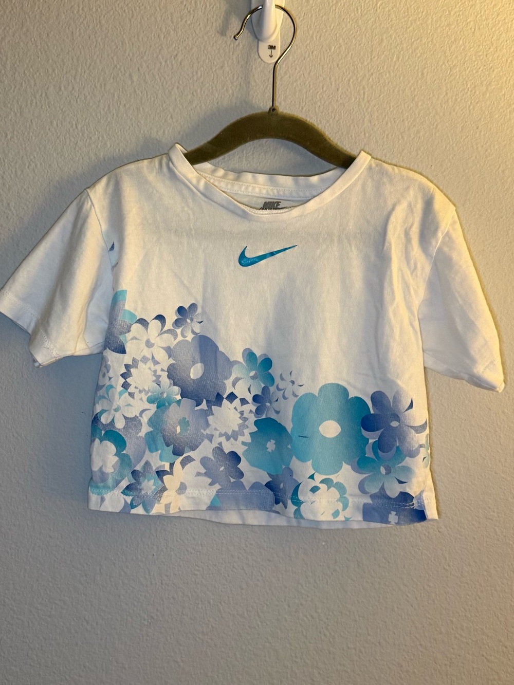 Nike White Crop Tee with Blue Floral Swoosh